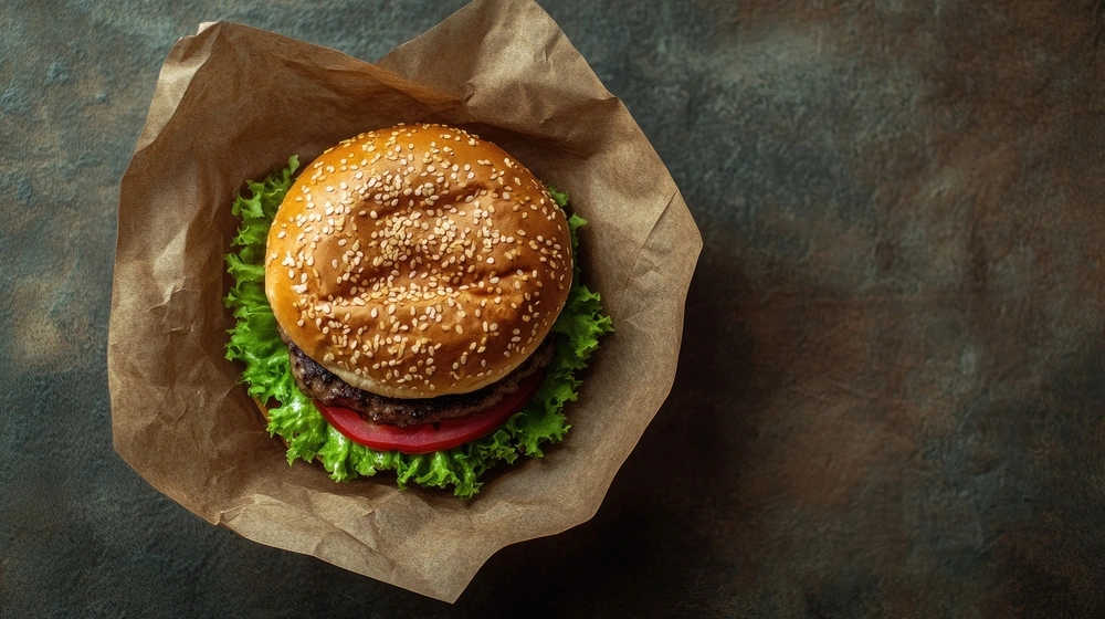 A burger wrapped in burger wrapping paper.