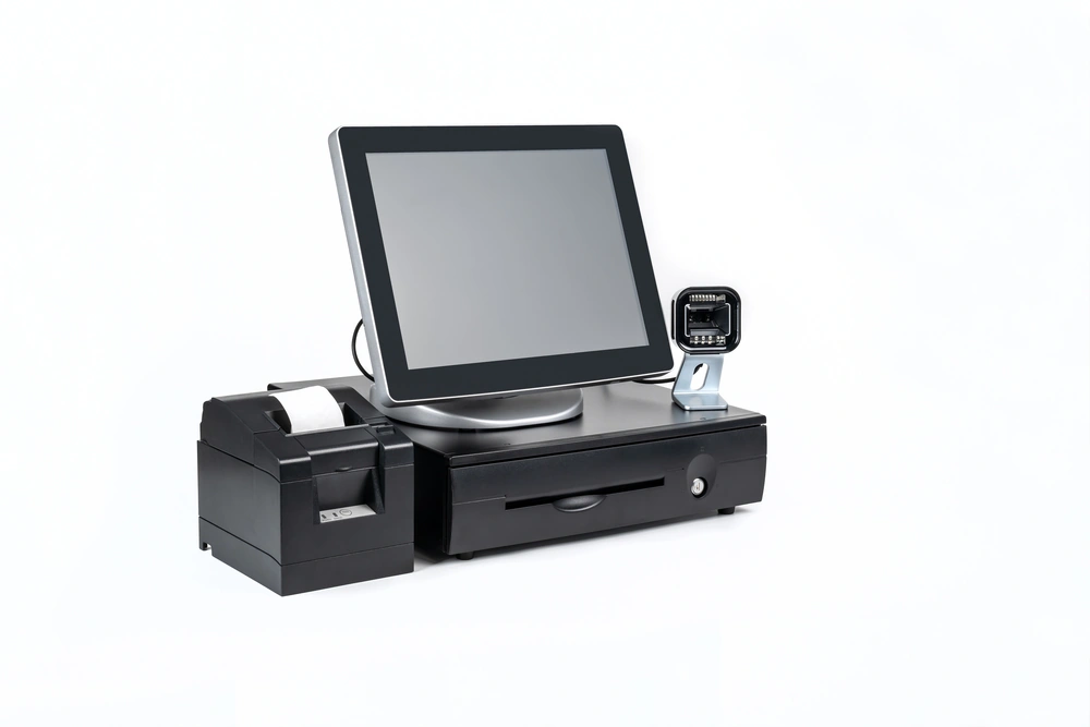 Point of sale touch screen system with thermal printer and cash drawer