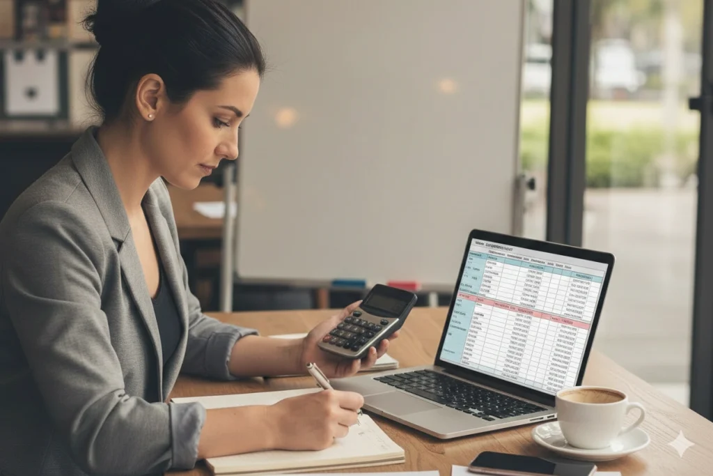 Businesswoman calculating finances at a desk using a calculator and laptop displaying a spreadsheet.